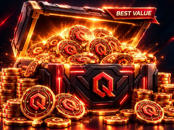 An open chest spilling Qelvor SMP coins