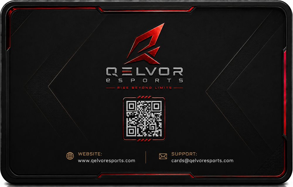 Qelvor eSports Elite membership card — back. Black card with the Qelvor logo, a QR code and website and support contact details in gold.